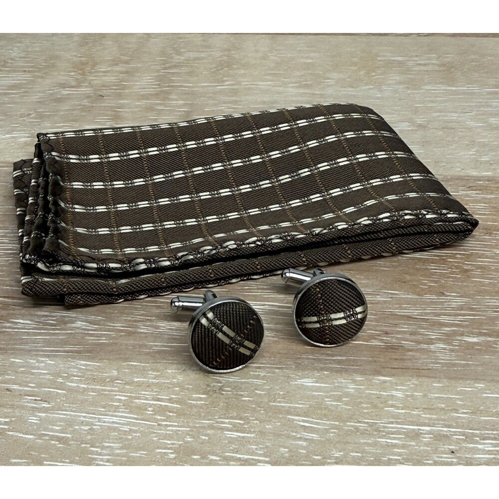 Vintage Cufflinks & Handmade Pocket Square/Handkerchief, Matching Brown Plaid